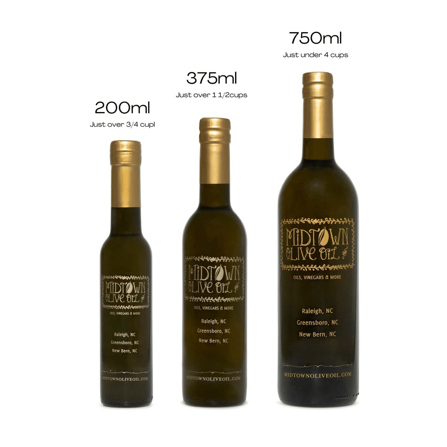 Three bottles of Midtown Olive Oil with labels and measurements on a white background.