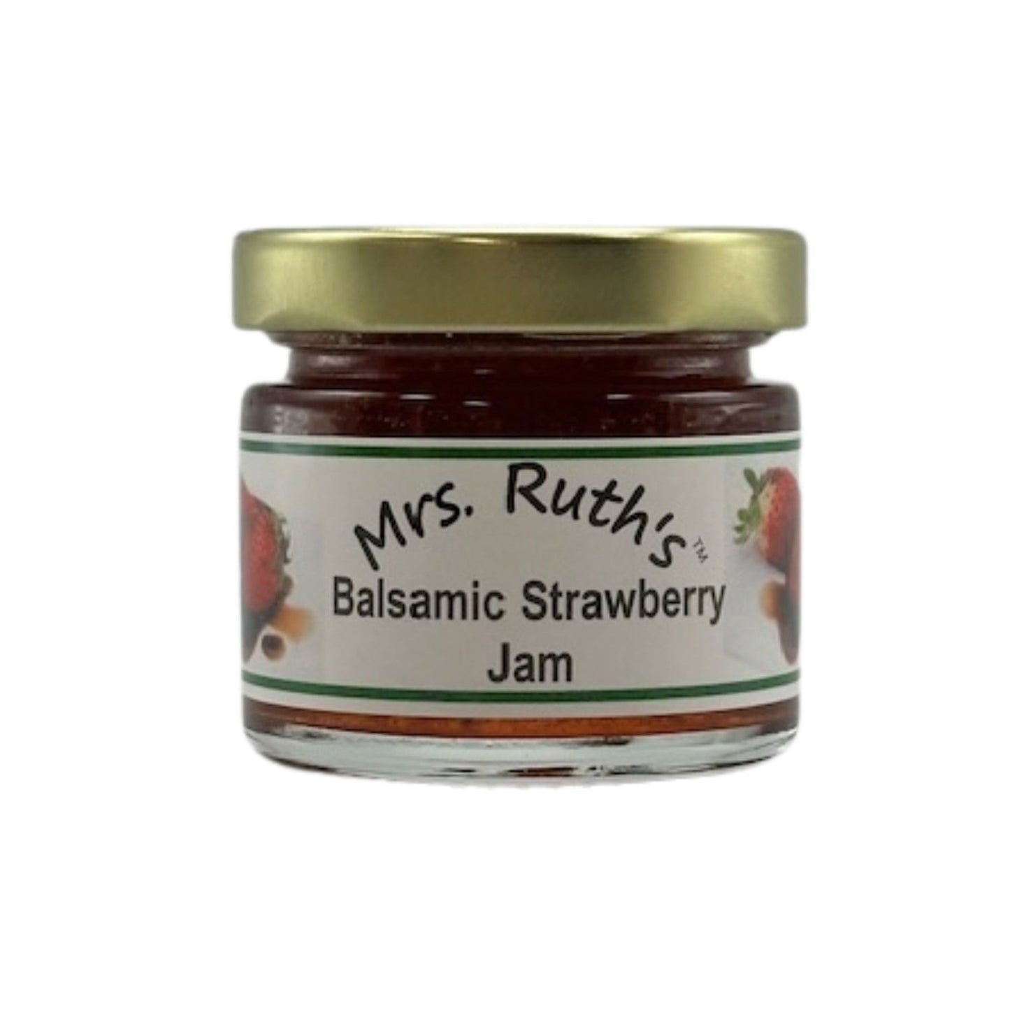 Jar of Mrs. Ruth's Balsamic Strawberry Jam on a white background.