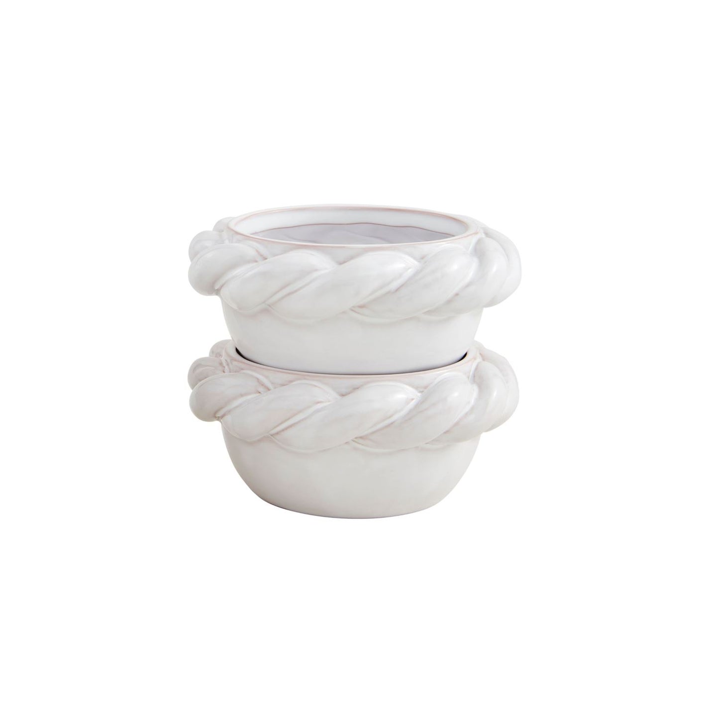 Set of two white ceramic bowls with textured design on a white background.