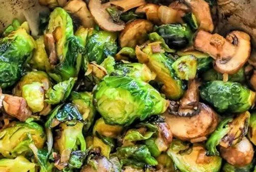 Caramelized Brussel Sprouts with Cremini Mushrooms and Pomegranate Balsamic