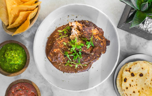 Chicken Mole with Harissa Oil and Chocolate Balsamic