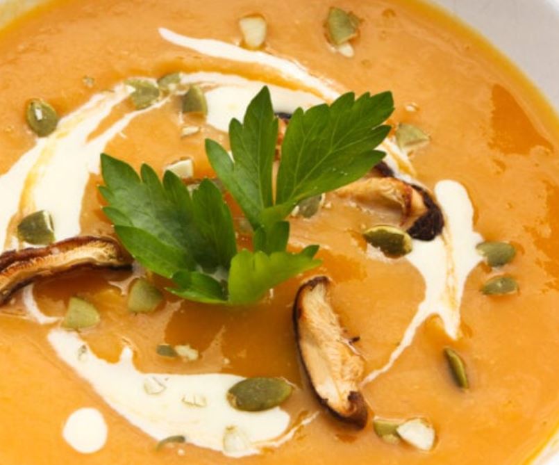Butternut Squash Soup with Sauteed Shitakes, Pepitas and Pecan Wood Smoked Maple Cream