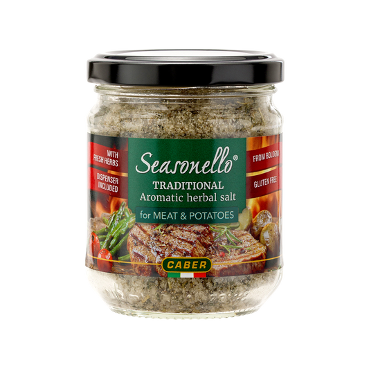 Jar of Seasonello traditional aromatic herbal salt on a white background