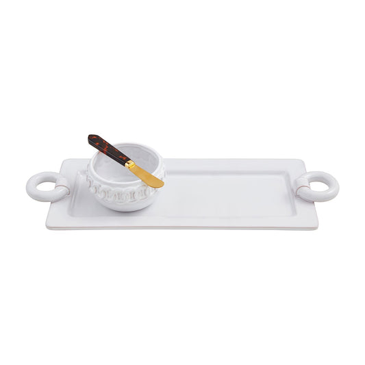 White ceramic tray with a bowl and spoon on a white background.