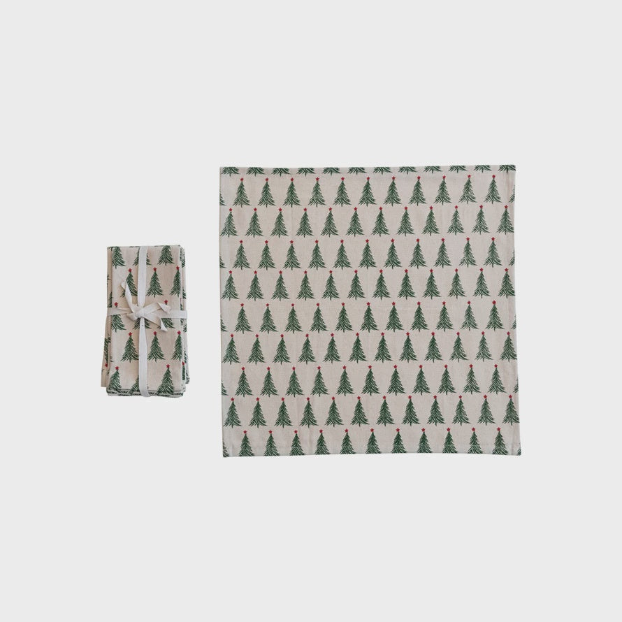 Stonewashed Cotton Tree Printed Napkins, Set/4