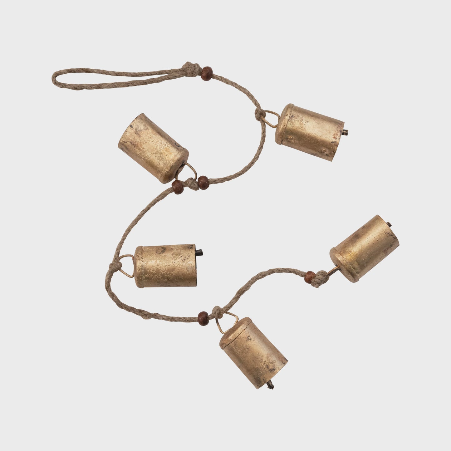 Hanging Metal Bells, Wood Beads, Jute Rope
