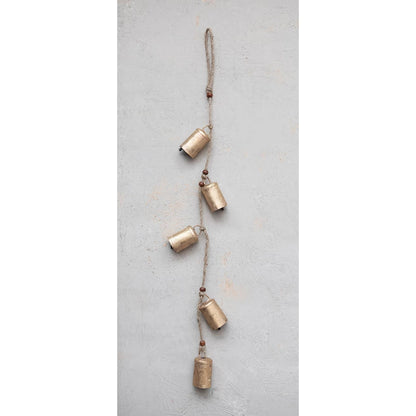 Hanging Metal Bells, Wood Beads, Jute Rope