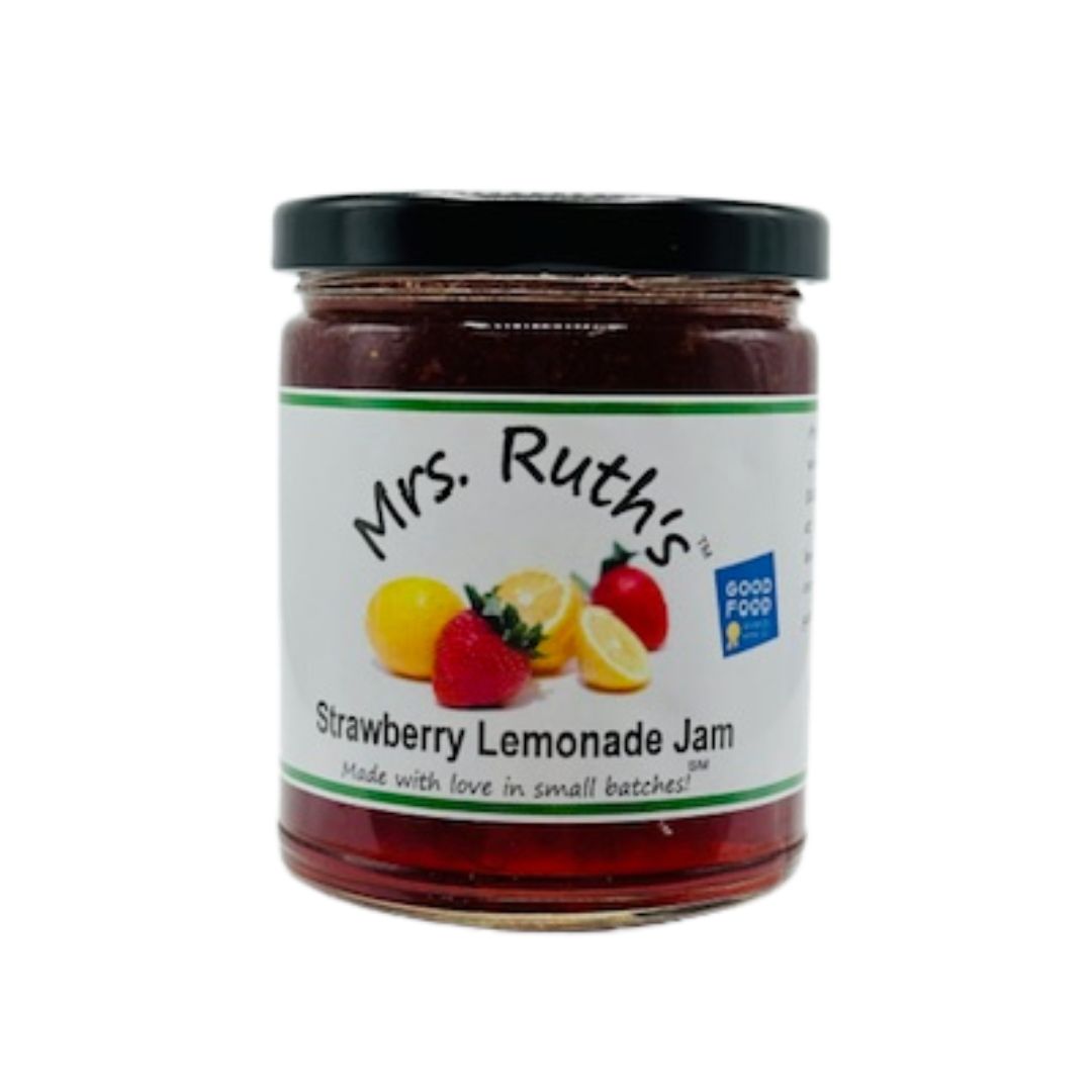 Jar of Mrs. Ruth's Strawberry Lemonade Jam on a white background.