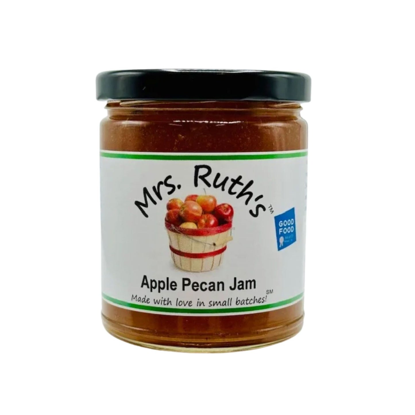 Jar of Mrs. Ruth's Apple Pecan Jam on a white background.