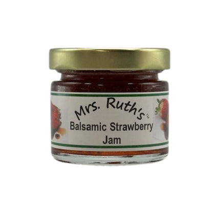 Jar of Mrs. Ruth's Balsamic Strawberry Jam on a white background.