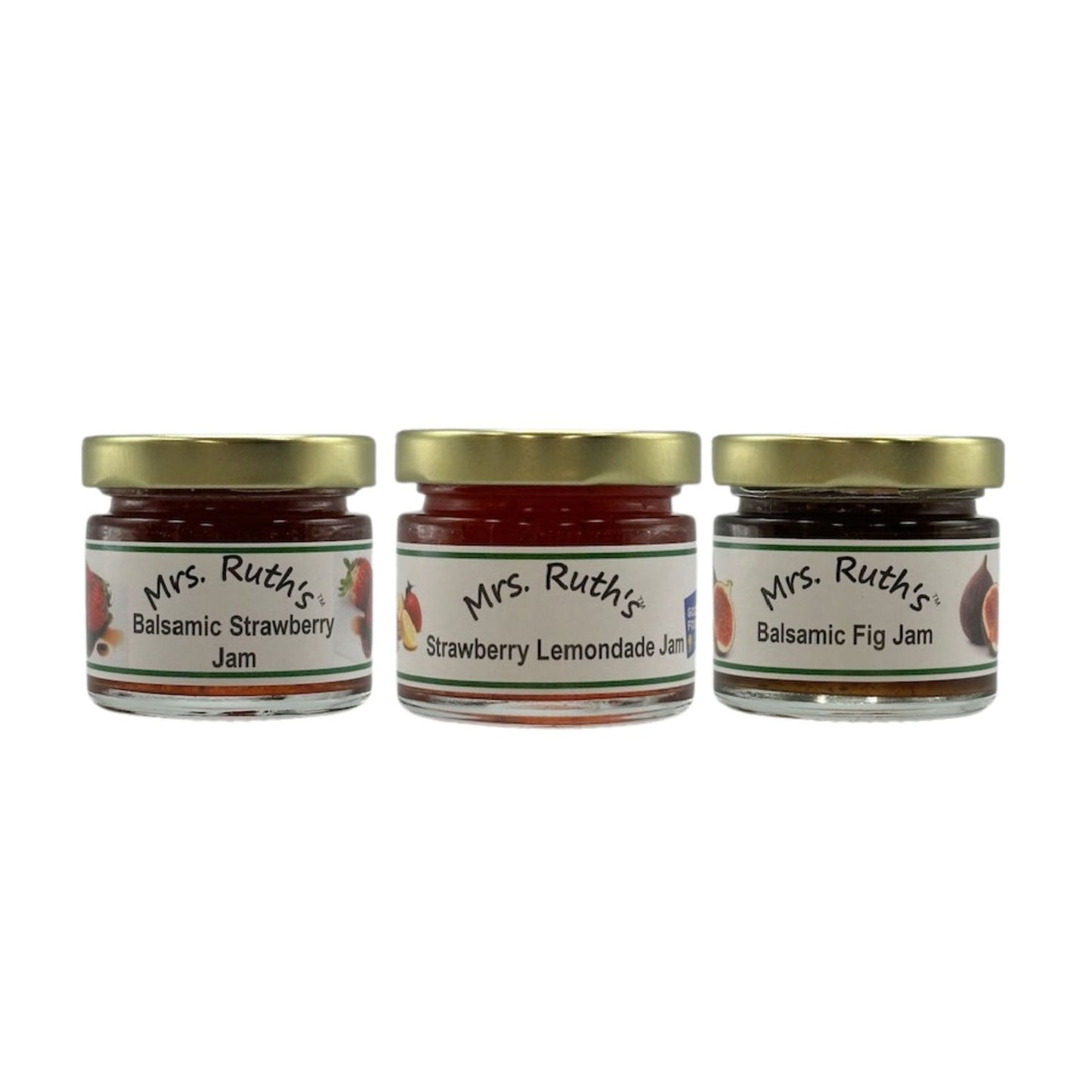 Three jars of Mrs. Ruth's jam on a white background.