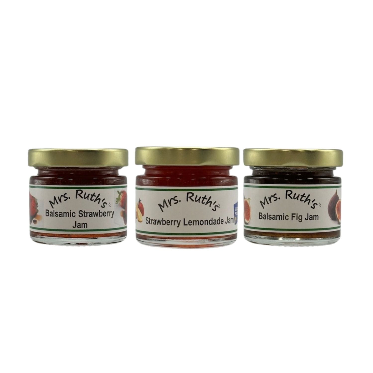 Three jars of Mrs. Ruth's jam on a white background.