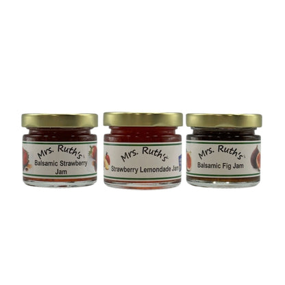 Three jars of Mrs. Ruth's jam on a white background.