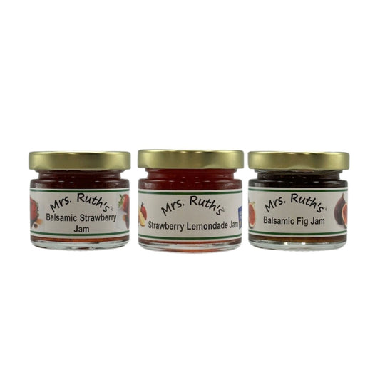 Three jars of Mrs. Ruth's jam on a white background.