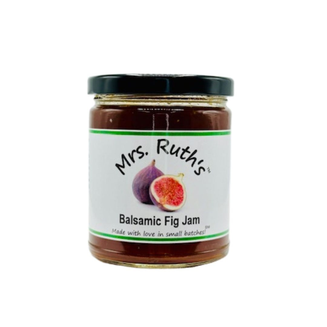Jar of Mrs. Ruth's Balsamic Fig Jam on a white background.