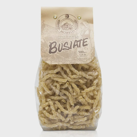 Packaged pasta with a label on a white background