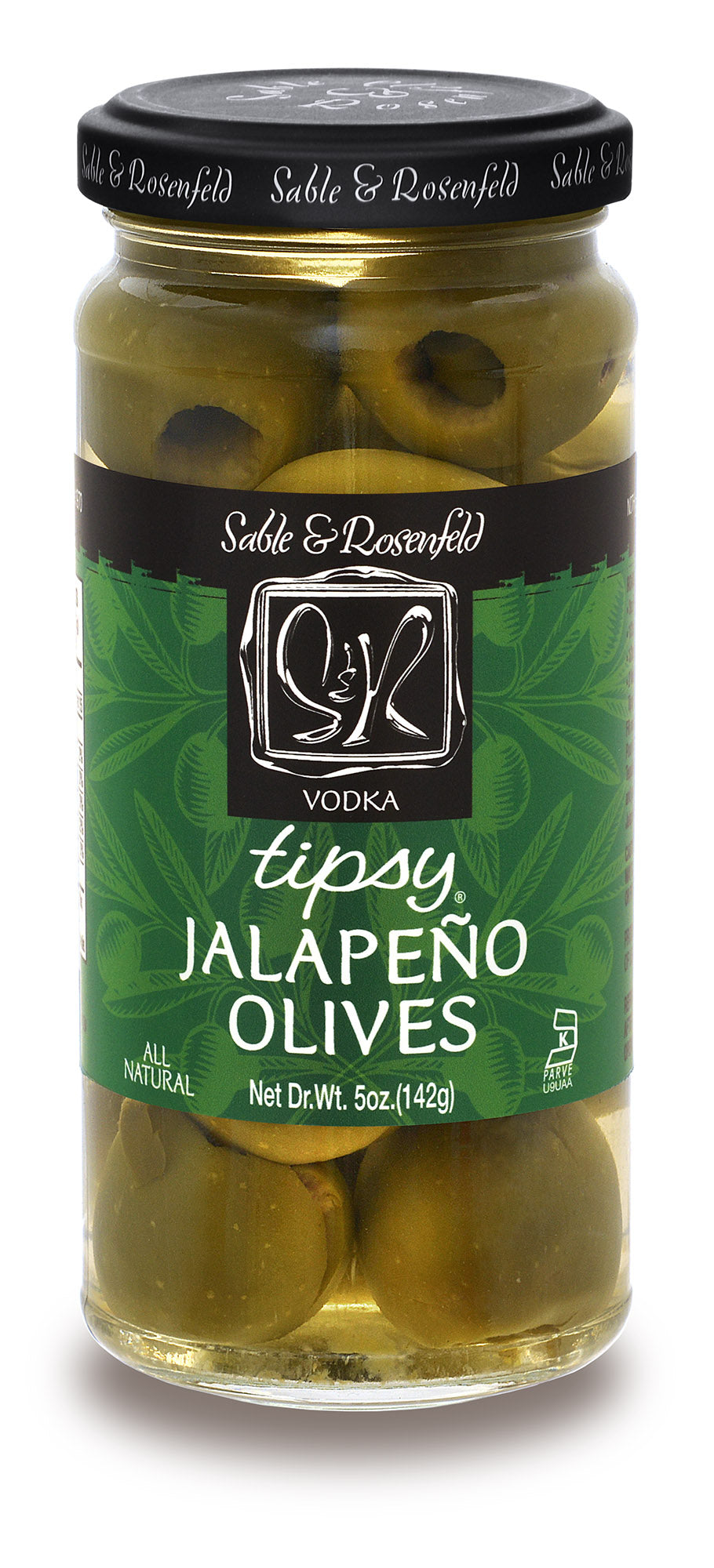 Jar of Sable & Rosenfeld Tipsy Jalapeño Olives with a black lid on a white background