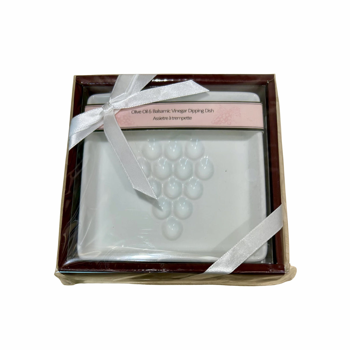Dipping dish with grape design in a wooden box on a white background